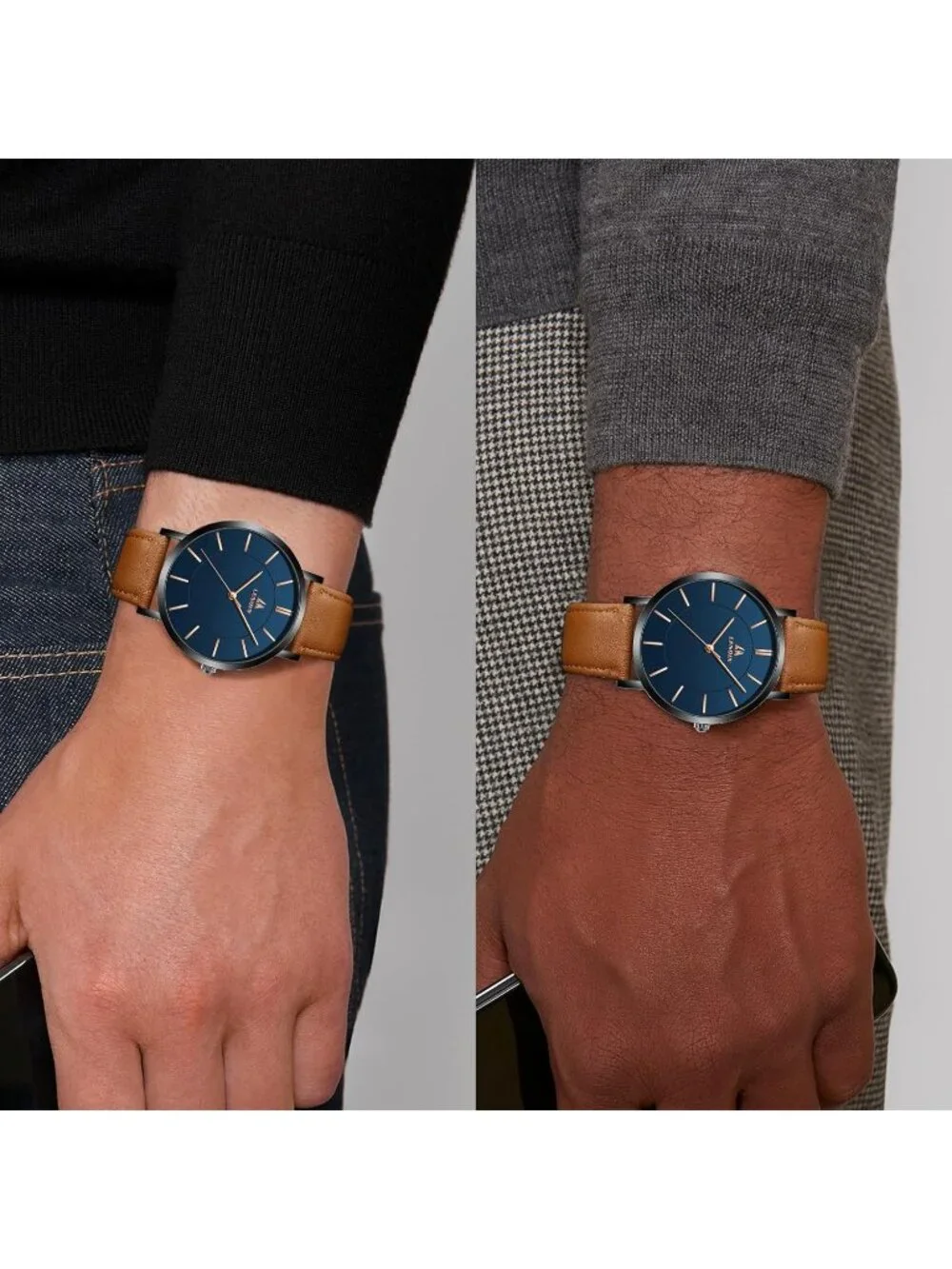 Men Brown And Blue Classic Waterproof Stainless Steel Analog Quartz Luxury Watch